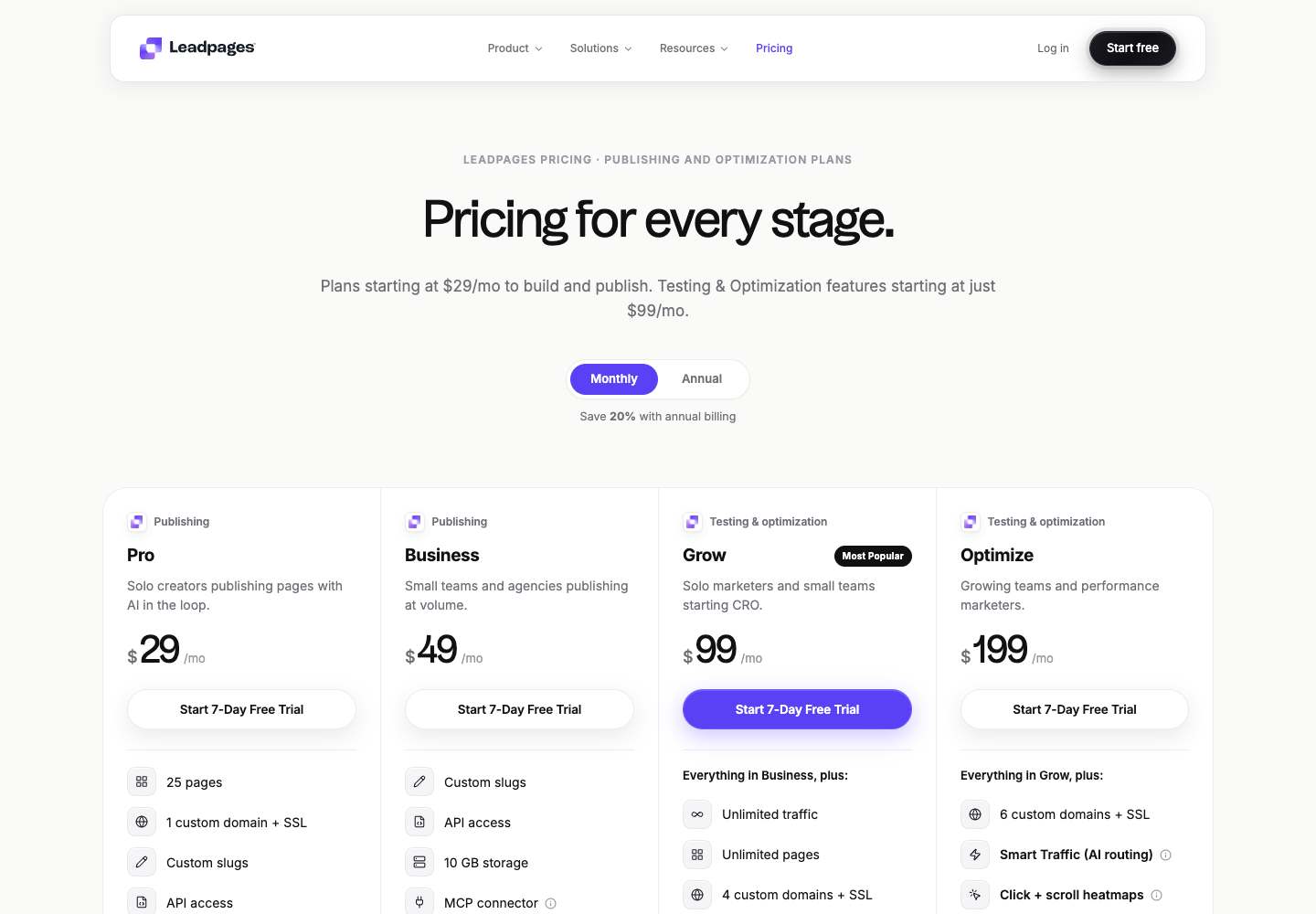 Leadpages pricing page as captured on 2026-10-21